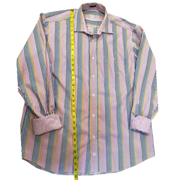 Bugatchi Uomo Men’s Dress Shirt Pink Blue Yellow Stripe Classic Fit Button Up XL - Picture 4 of 15